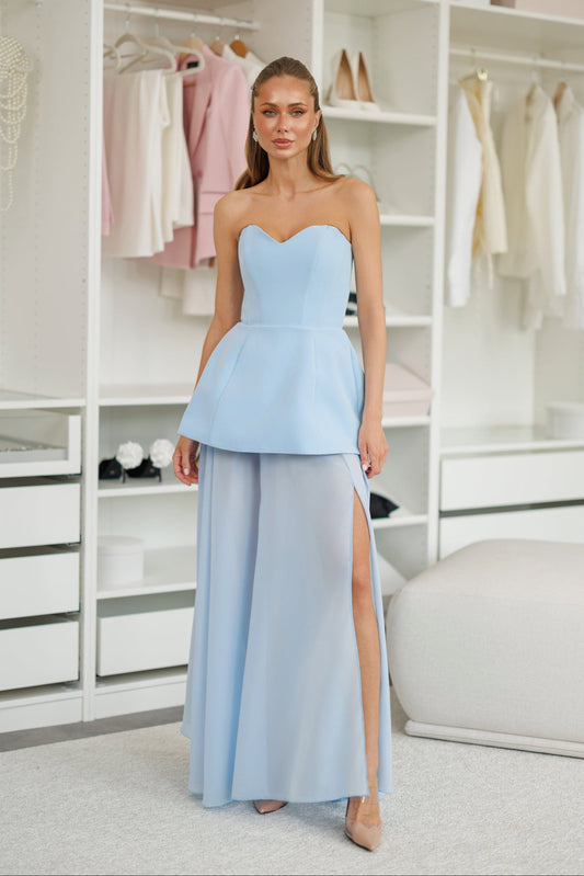 Sky-Blue Strapless Sweetheart Chiffon Skirt Maxi Dress