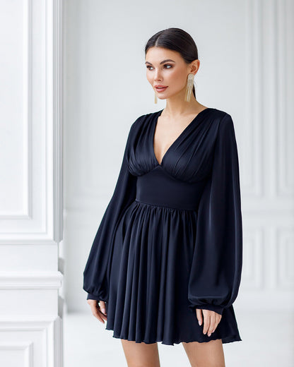 Black Silk Puff-Sleeve Mini Dress