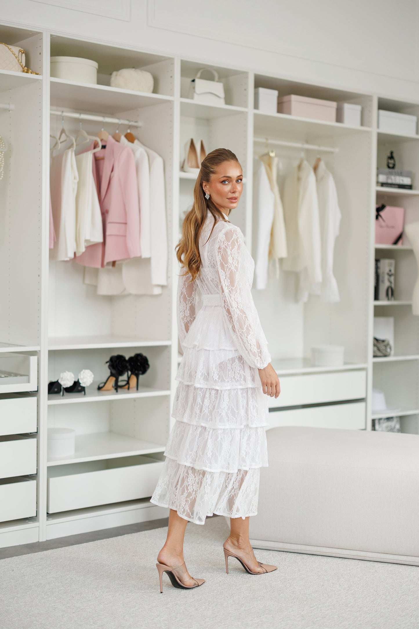 White Tiered Lace Belted Midi Dress