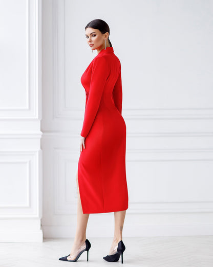 Red Collared Wrap Midi Dress