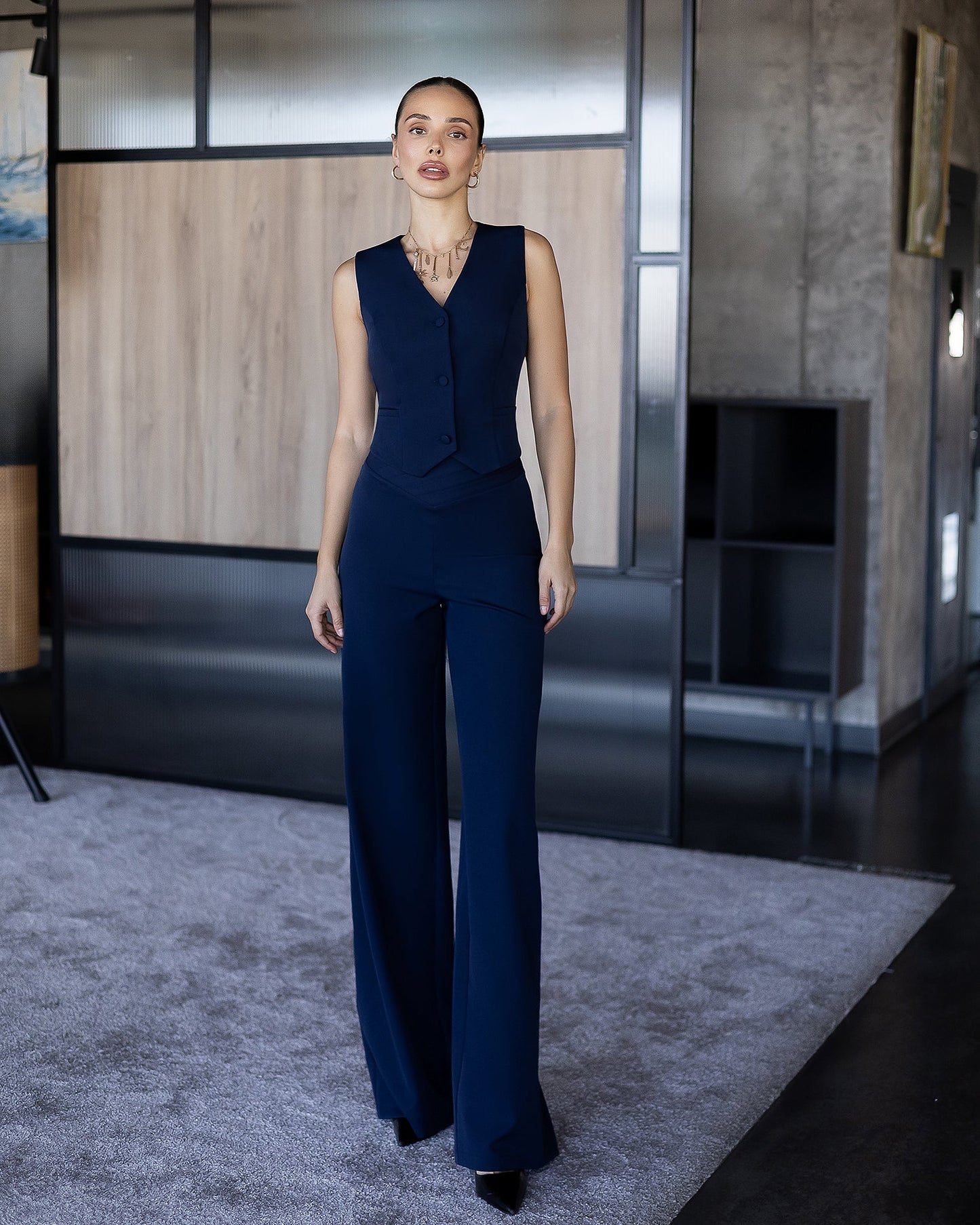 Gloria Navy V-Neck Button-Front Vest