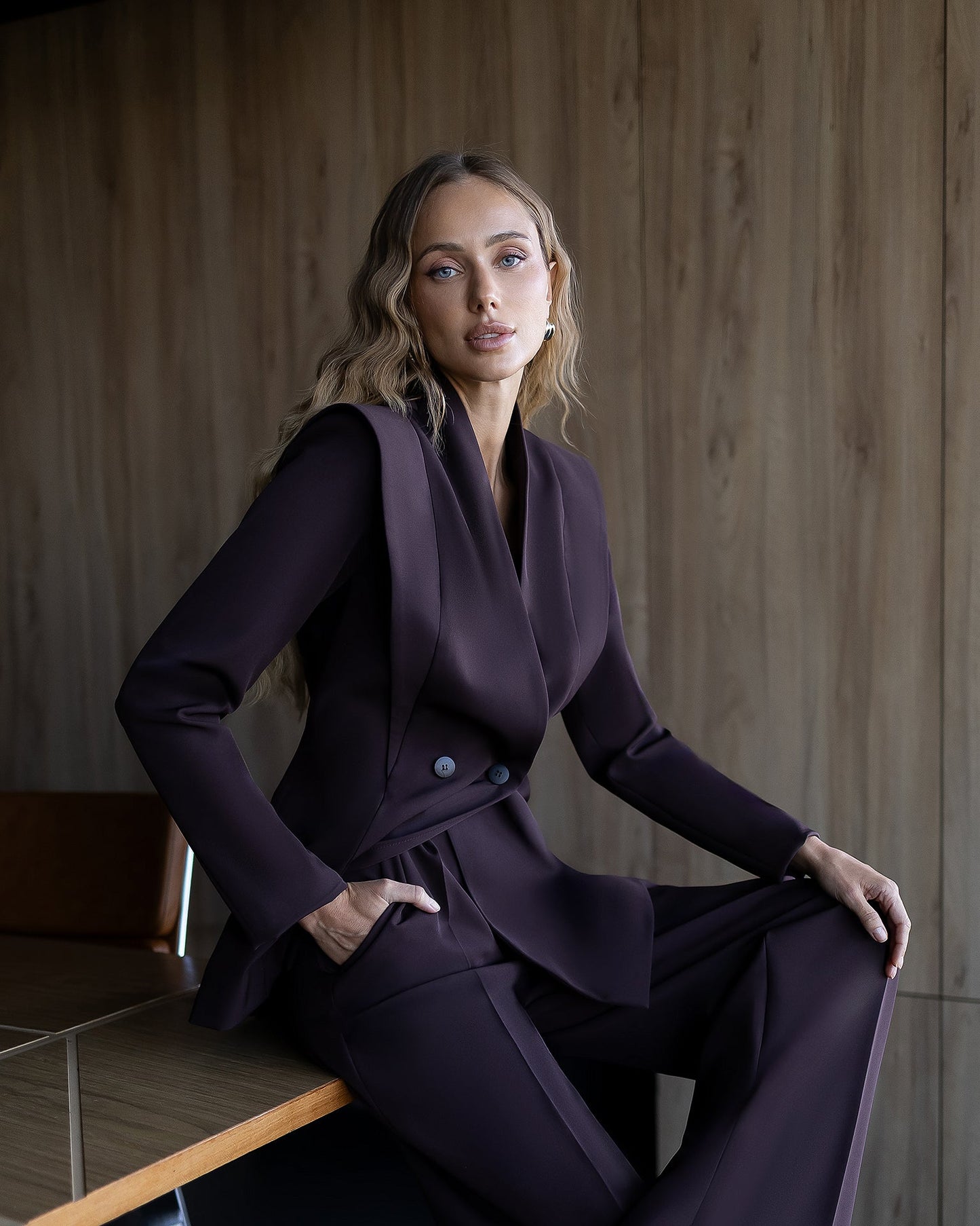 Elara Brown Collarless Double-Breasted Suit 2-Piece