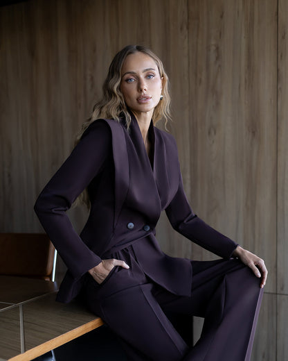 Elara Brown Collarless Double-Breasted Suit 2-Piece