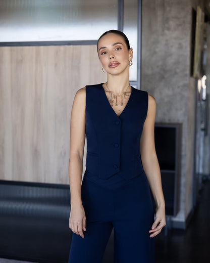 Gloria Navy V-Neck Button-Front Vest