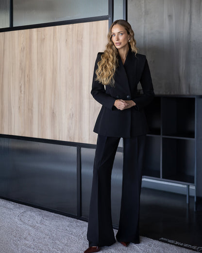 Elara Black Collarless Double-Breasted Suit 2-Piece