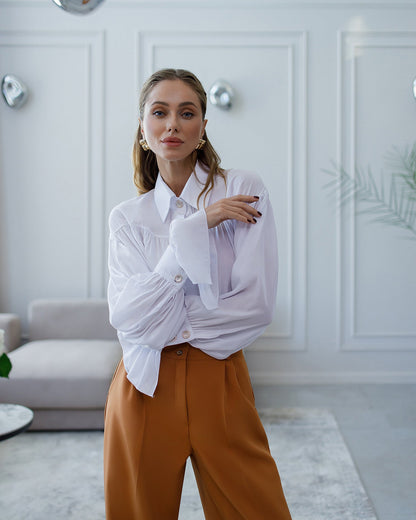 Monica Camel High-Waisted Pleated Palazzo Pants