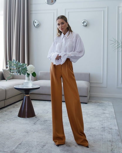 Monica Camel High-Waisted Pleated Palazzo Pants