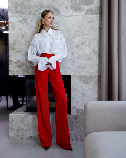Monica Red High-Waisted Pleated Palazzo Pants