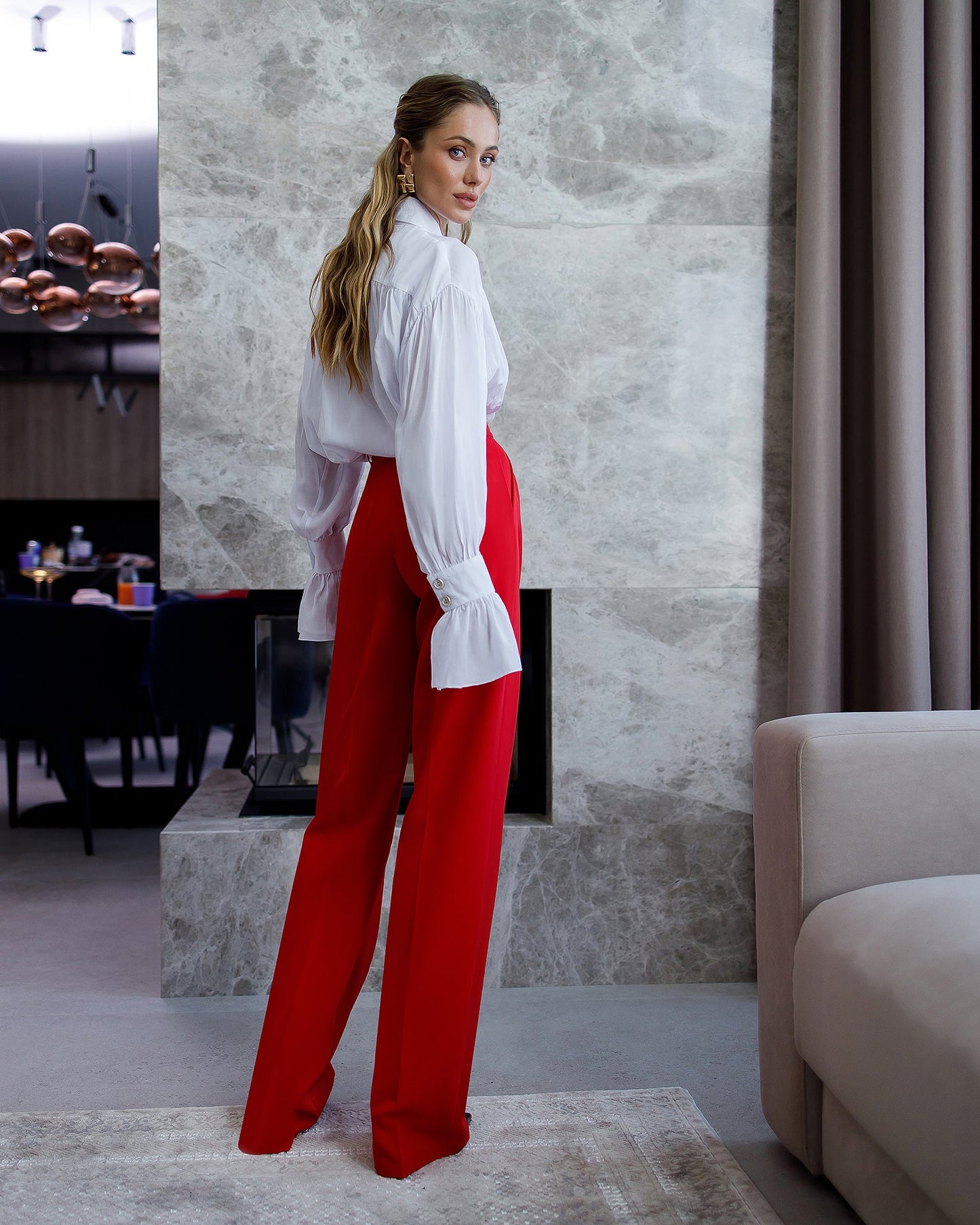 Monica Red High-Waisted Pleated Palazzo Pants