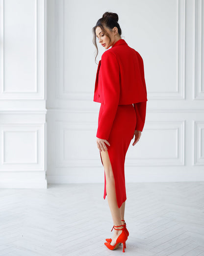 Red Crop Jacket Skirt Suit 2-Piece Suit