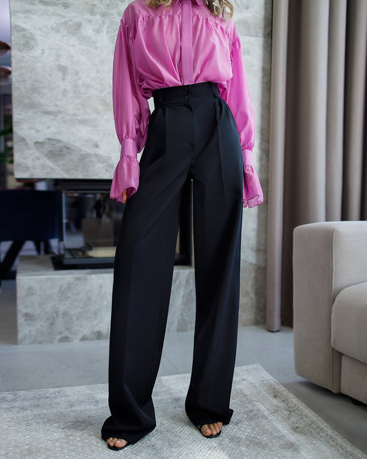 Monica Black High-Waisted Pleated Palazzo Pants