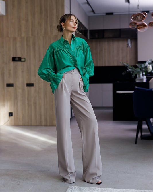 Monica Beige High-Waisted Pleated Palazzo Pants