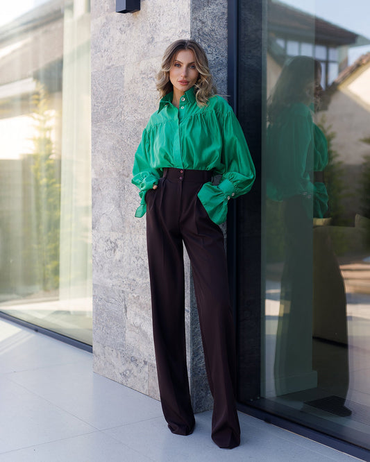 Monica Brown High-Waisted Pleated Palazzo Pants