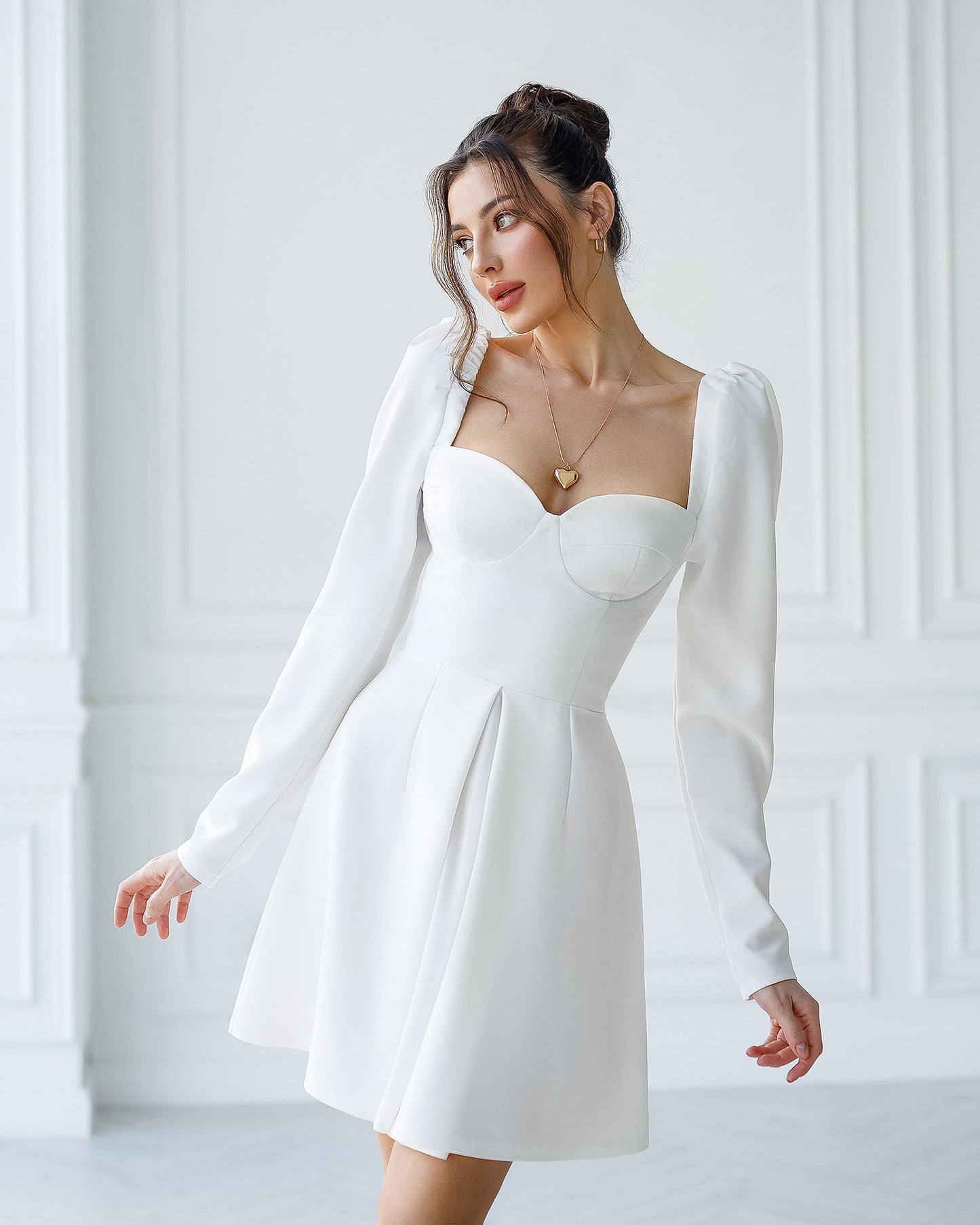 White Sweetheart Puff-Sleeve Mini Dress