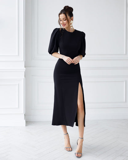 Black Puff-Sleeve Midi Dress