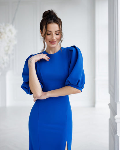 Blue Puff-Sleeve Midi Dress