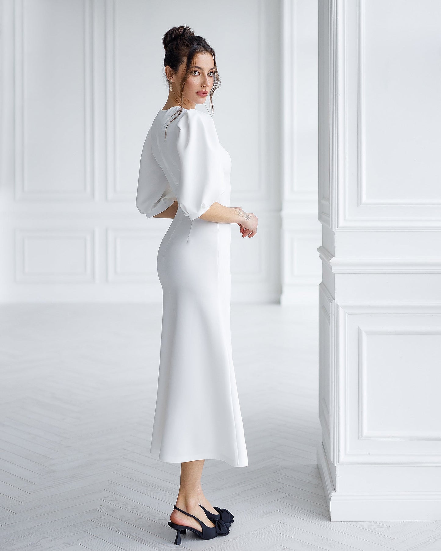 White Puff-Sleeve Midi Dress