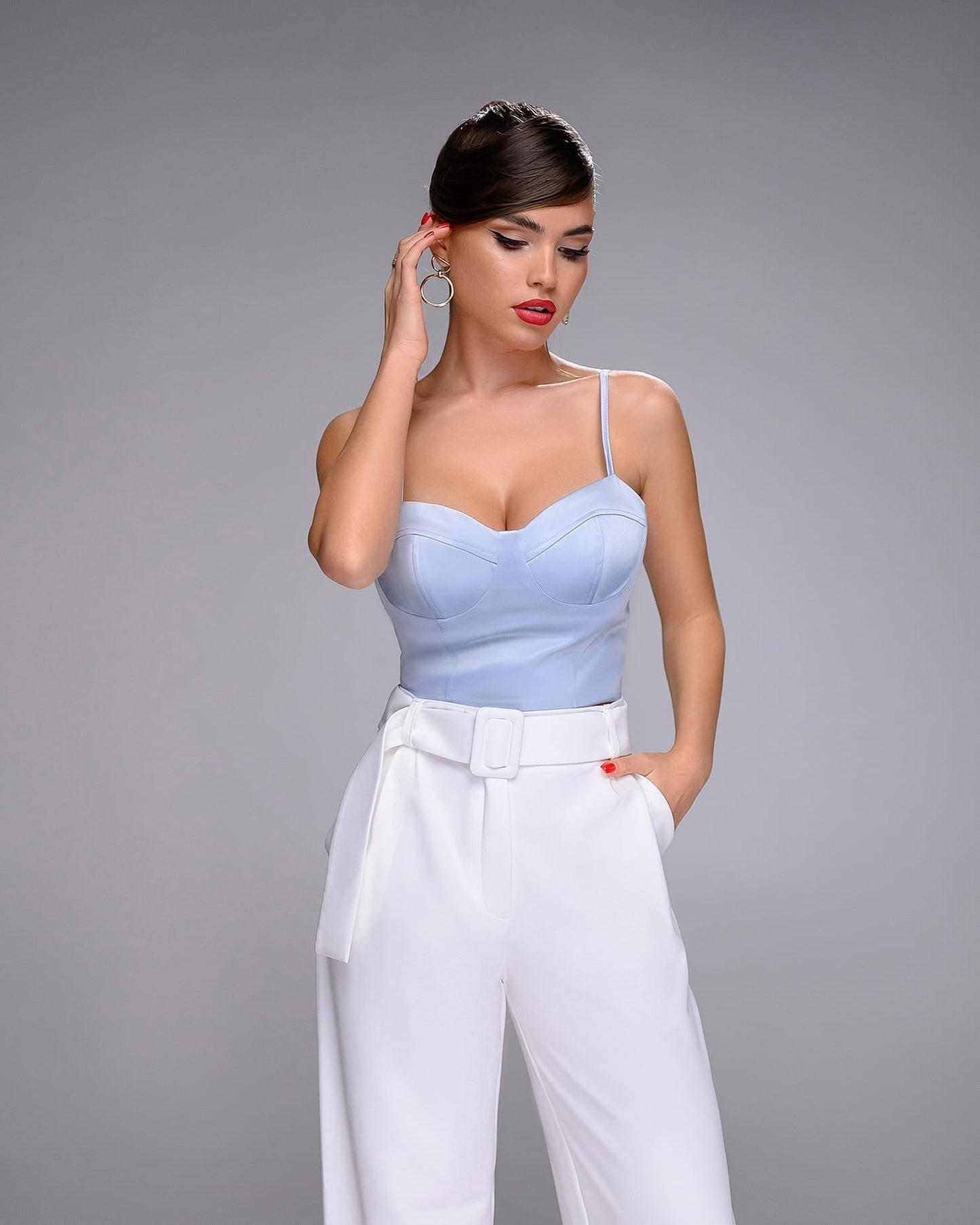 Grey-Blue Satin Strappy Sweetheart Top