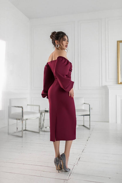 Bordeaux Puff-Sleeve Midi Dress