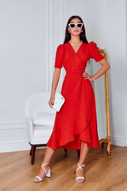Red Wrap Short Sleeve Midi Dress