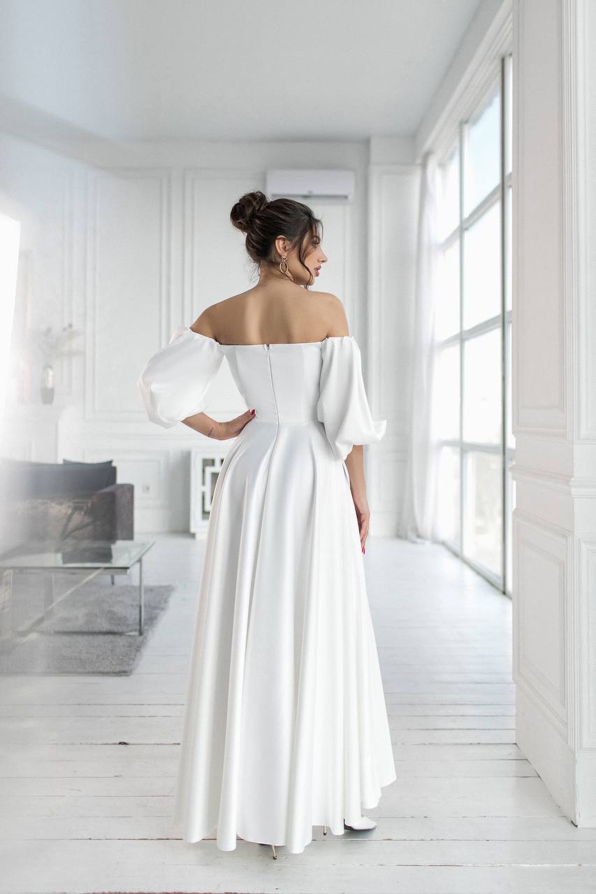 White Satin Puff-Sleeve Bridal Maxi Dress
