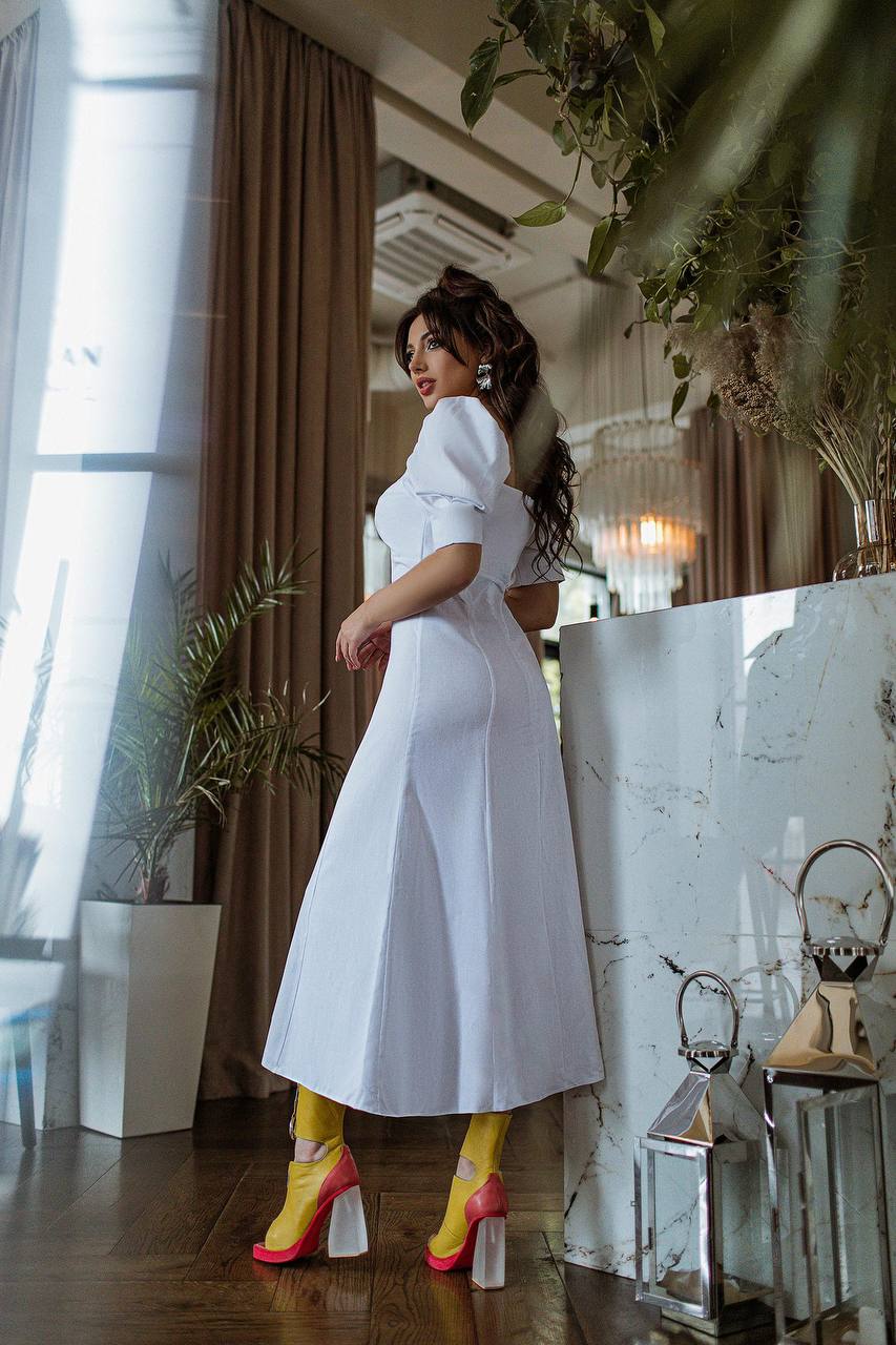 White Linen Short Sleeve Midi Dress