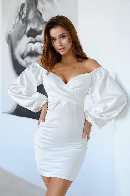 White Satin Puff-Sleeve Mini Dress