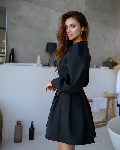 Black Puff-Sleeve V-Neck Mini Dress