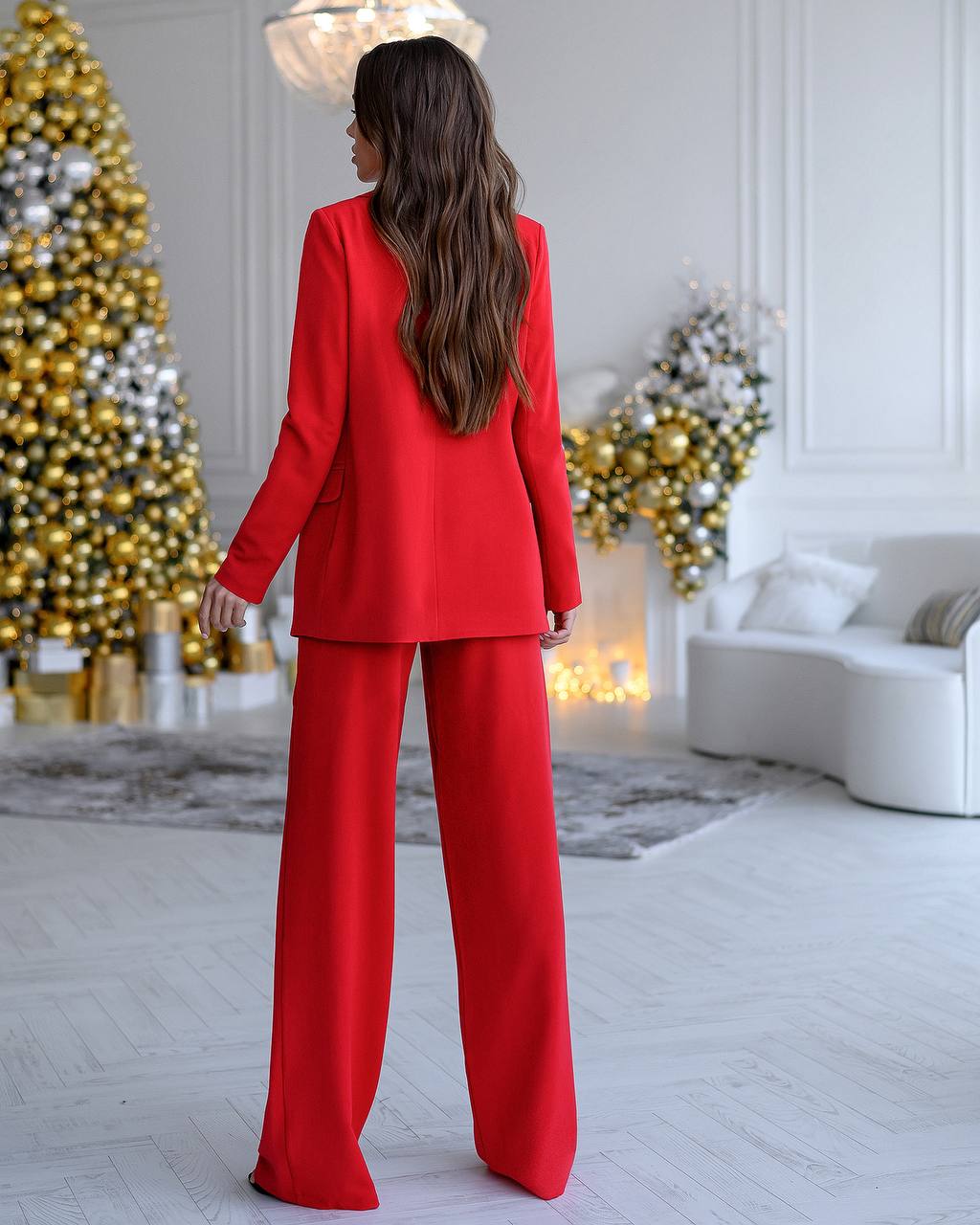 Red Belted Wide-Leg Suit 2-Piece