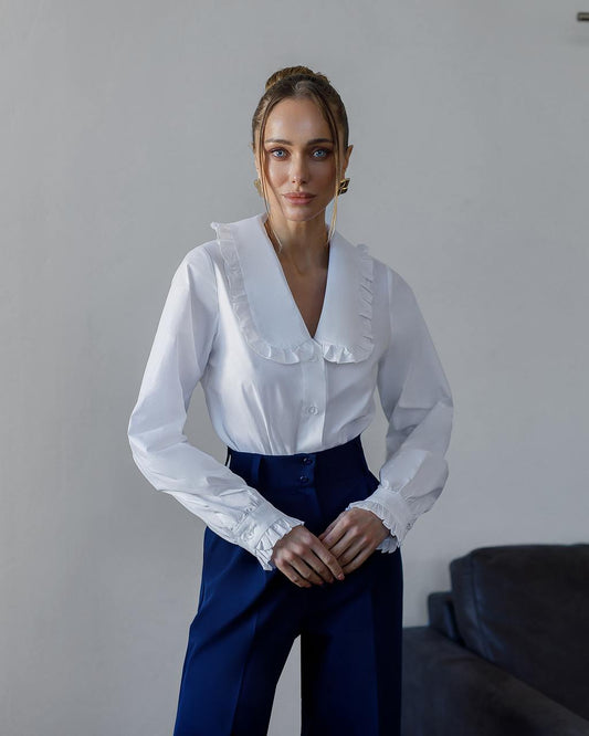 White Ruffled Collar Button-Up Blouse