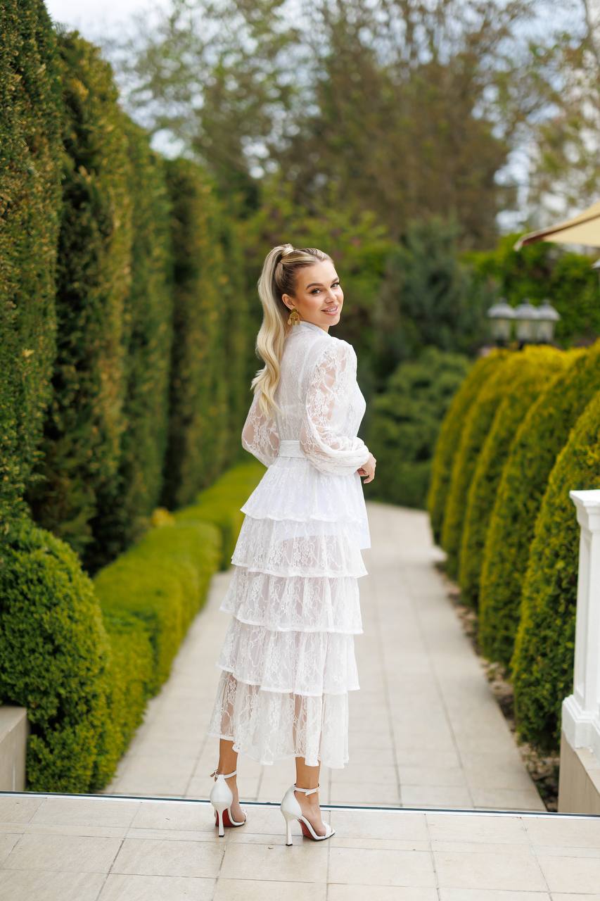 White Tiered Lace Belted Midi Dress