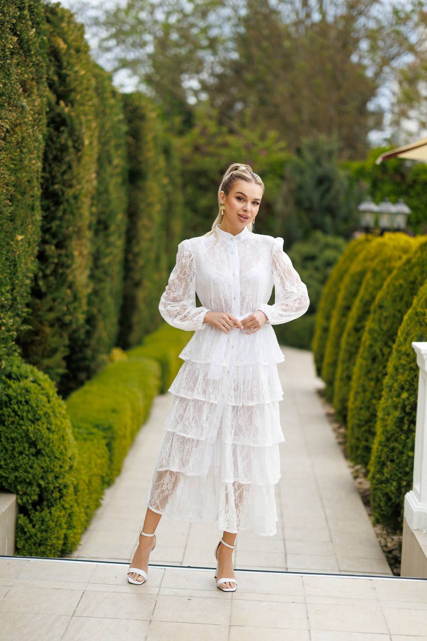 White Tiered Lace Belted Midi Dress