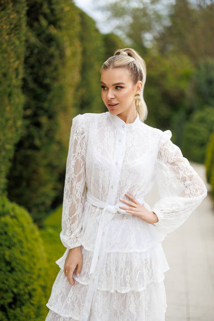 White Tiered Lace Belted Midi Dress