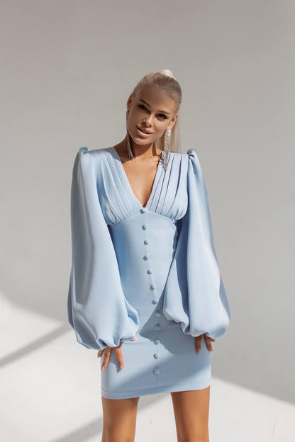 trinarosh Sky-Blue Backless Puff Sleeve Mini Dress