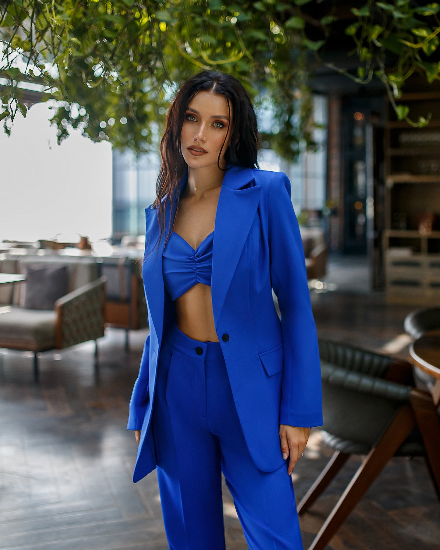 trinarosh Blue Casual 3-Piece Suit With Straight Leg Trousers And Top