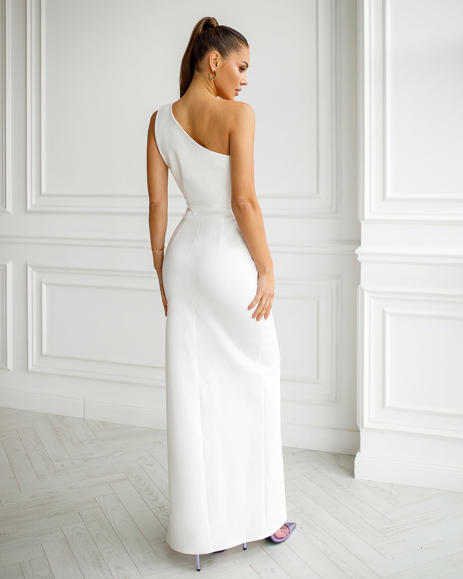 trinarosh Bandage White One-Shoulder Cut-Out Maxi Dress