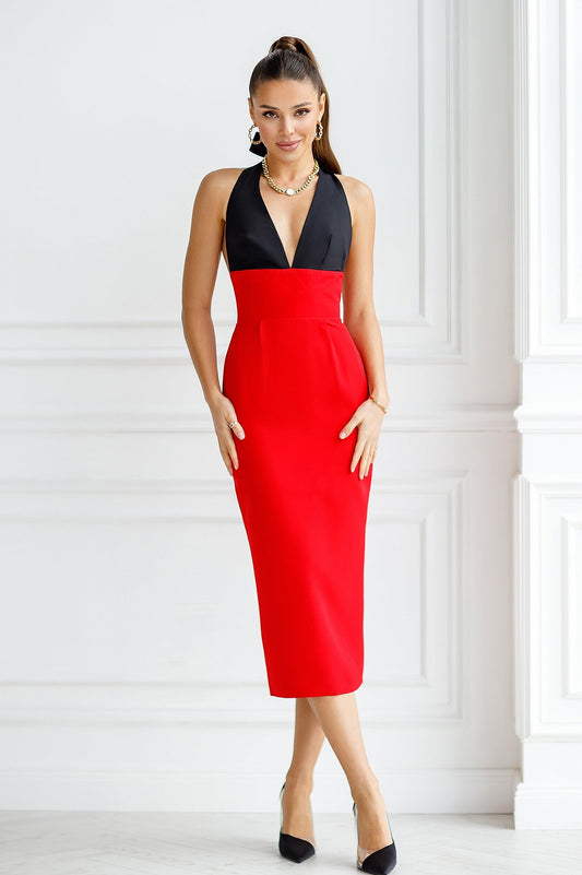 trinarosh Red-Black Backless Halter Midi Dress