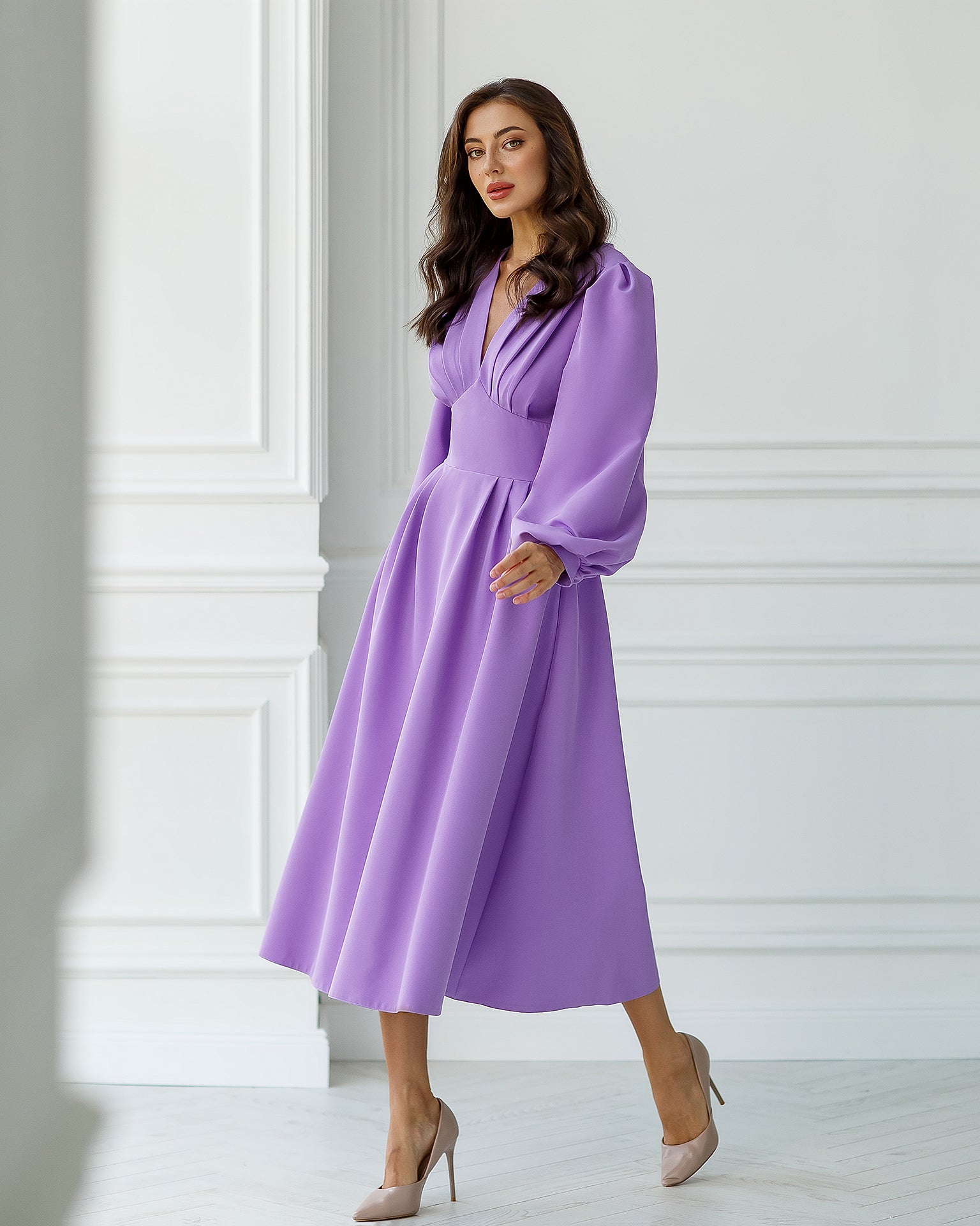 trinarosh Purple V-Neck Puff-Sleeve Midi Dress