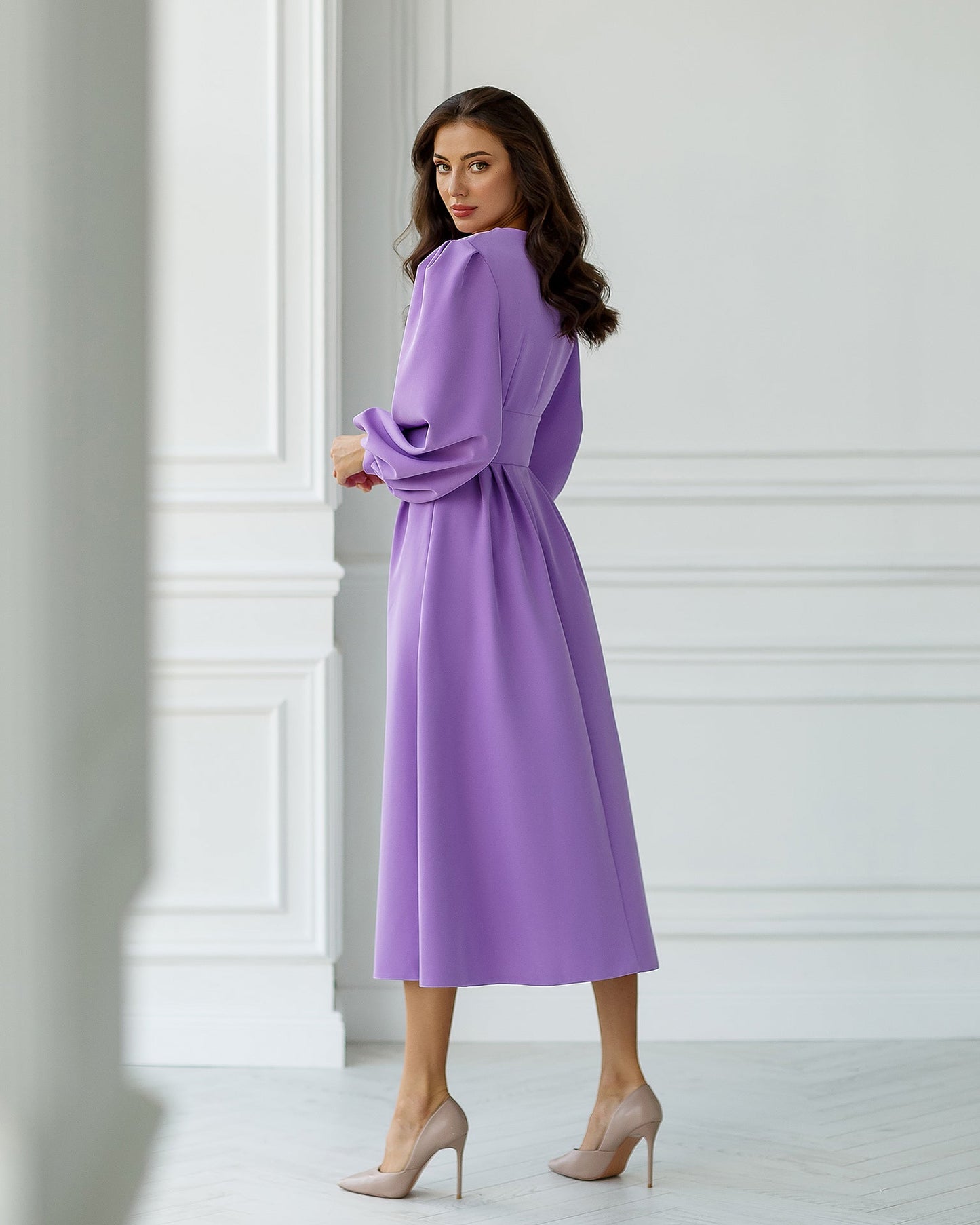 trinarosh Purple V-Neck Puff-Sleeve Midi Dress