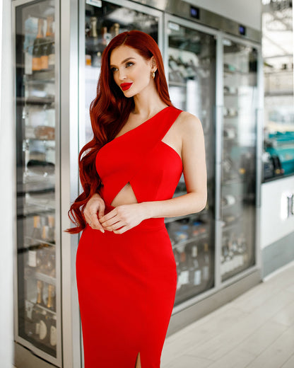 trinarosh Red One-Shoulder Cut-Out Maxi Dress