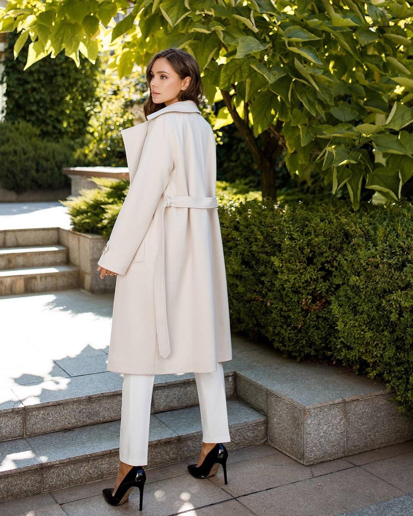 trinarosh Casual Milky-White Wool Belted Coat