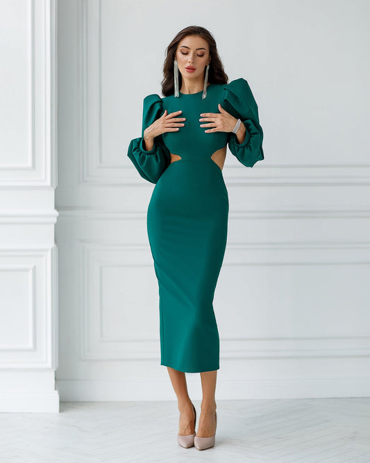 trinarosh Green Backless Cut-Out Puff-Sleeve Midi Dress