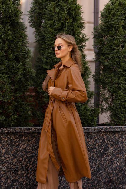 trinarosh Brown Leather Belted Trench Coat
