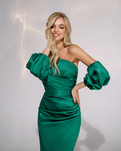 trinarosh Emerald Satin Puff-Sleeve Midi Dress