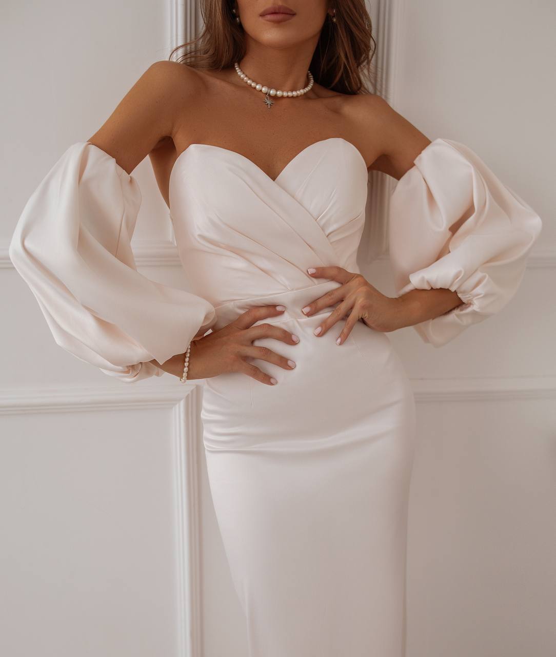 trinarosh Pear-White Puffed Sleeve Midi Prom Dress