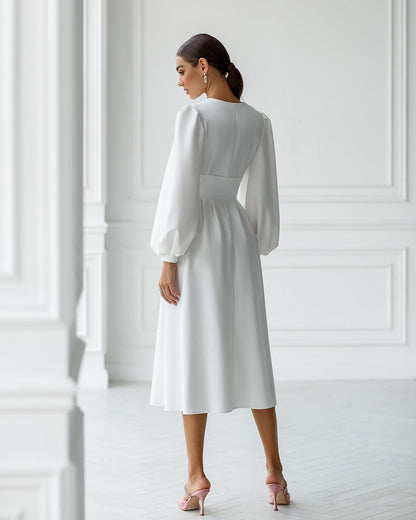 trinarosh White V-Neck Puff-Sleeve Midi Dress