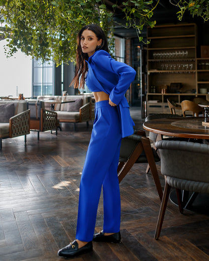 trinarosh Blue Casual 3-Piece Suit With Straight Leg Trousers And Top
