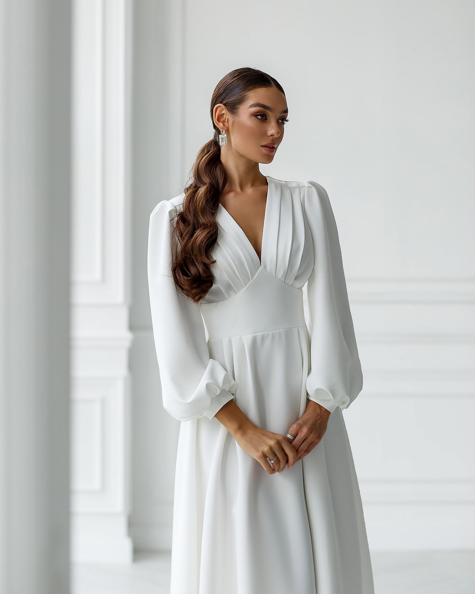 trinarosh White V-Neck Puff-Sleeve Midi Dress