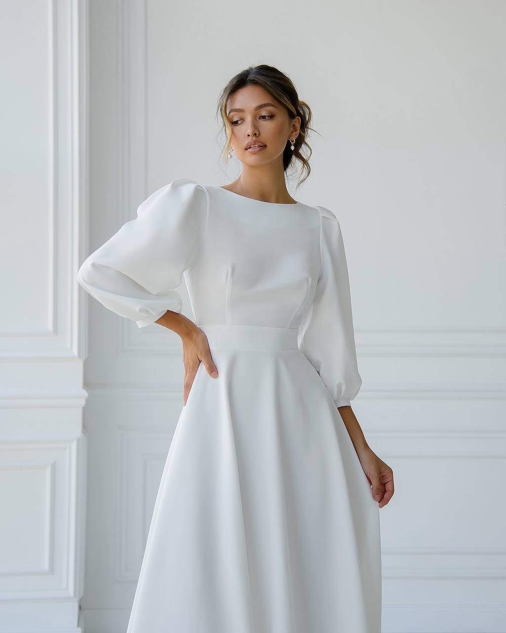 White Backless Puff Sleeve Midi Dress trinarosh White Backless Puff Sleeve Midi Dress trinarosh