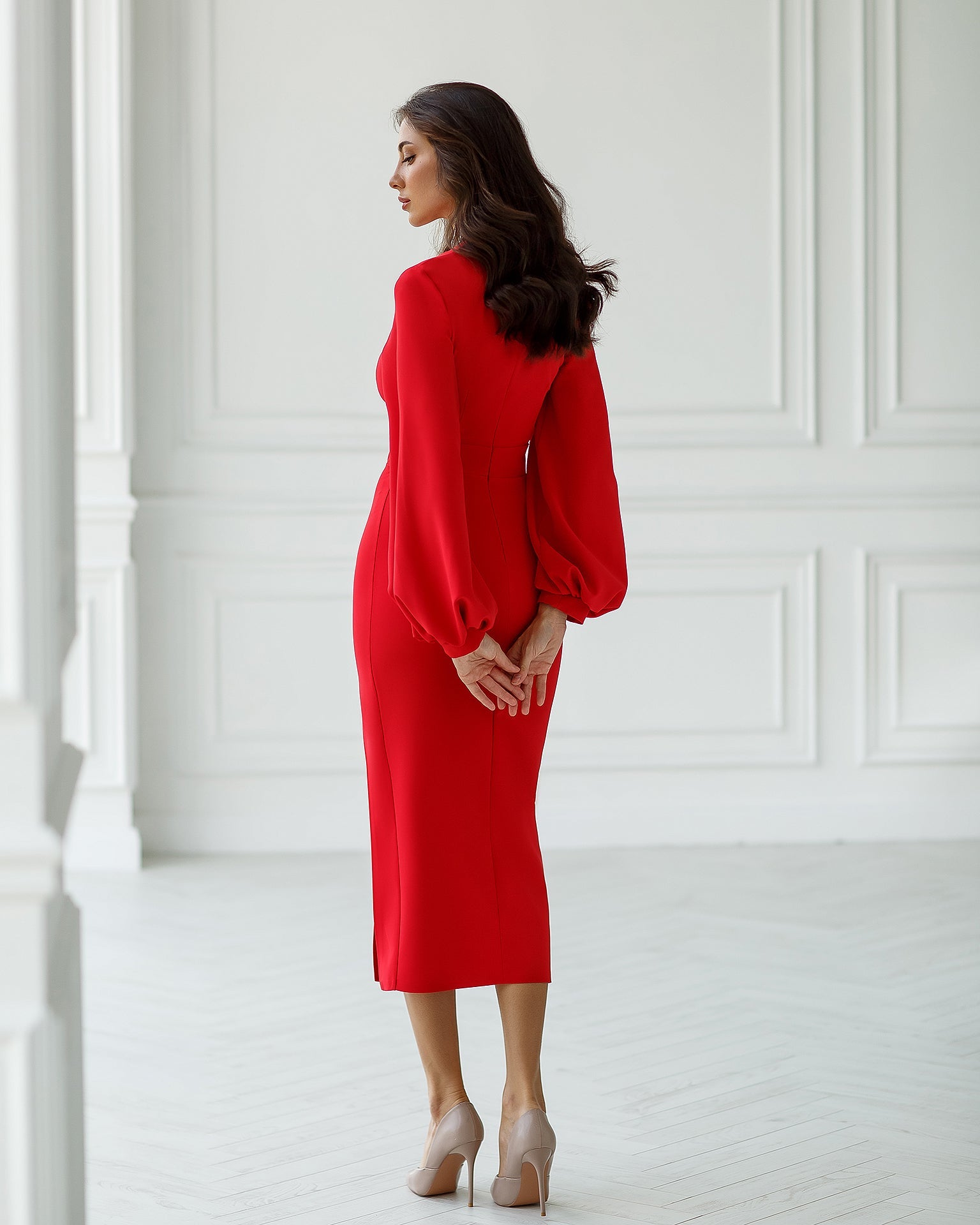 trinarosh Red Square Neck Puff-Sleeve Midi Dress